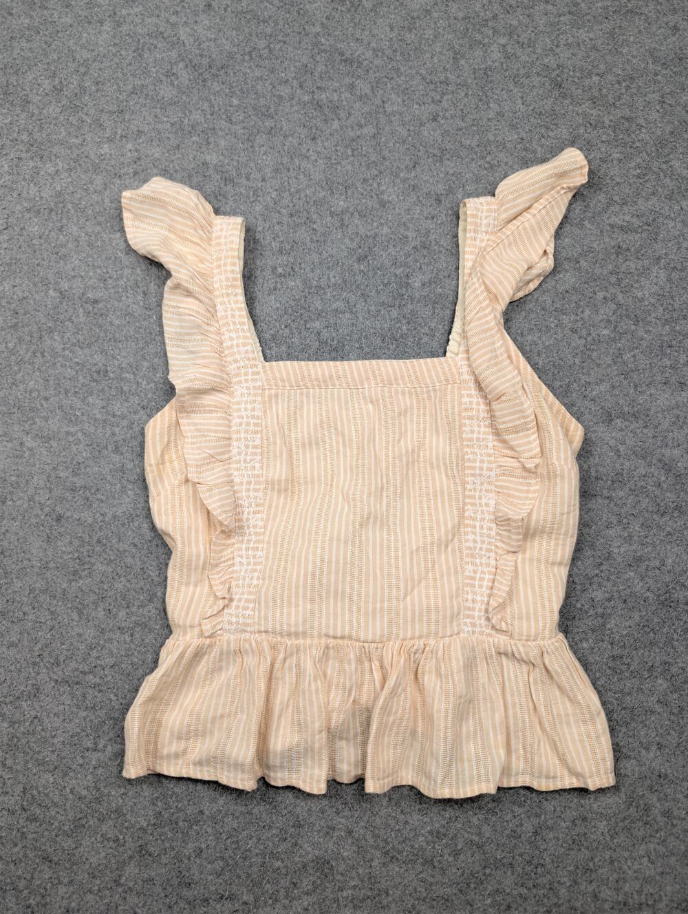 Japna Tank Top Womens Small Beige Striped Ruffle Square Neck Peplum Smocked Back